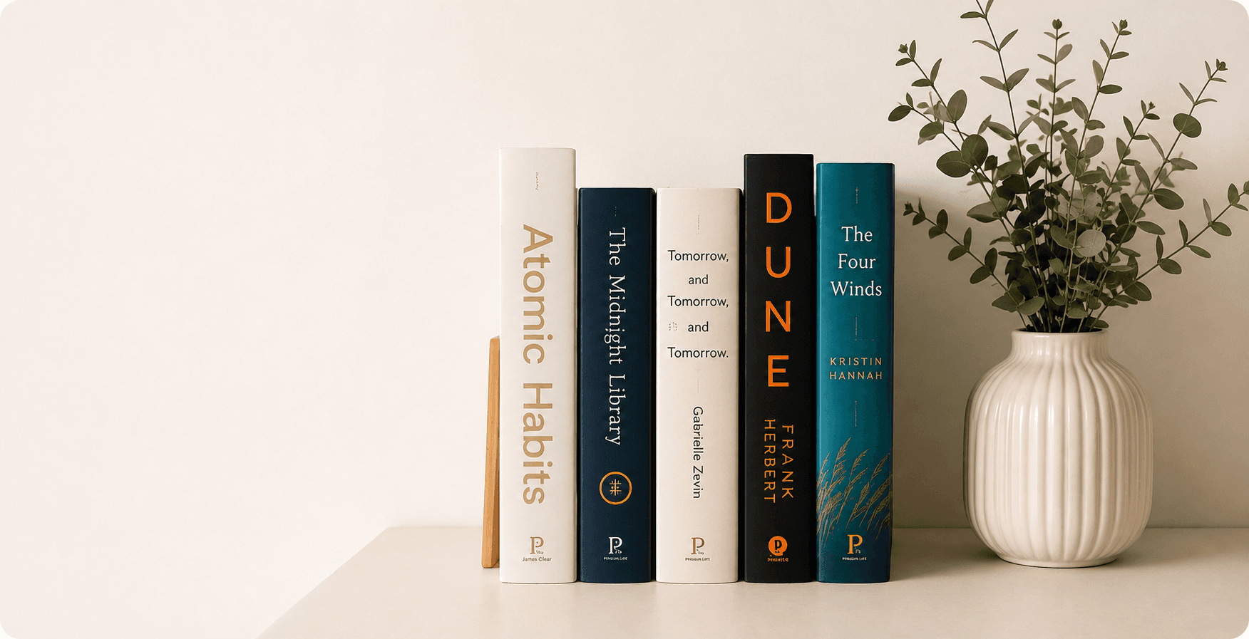 Books and a vase in a warm editorial hero composition